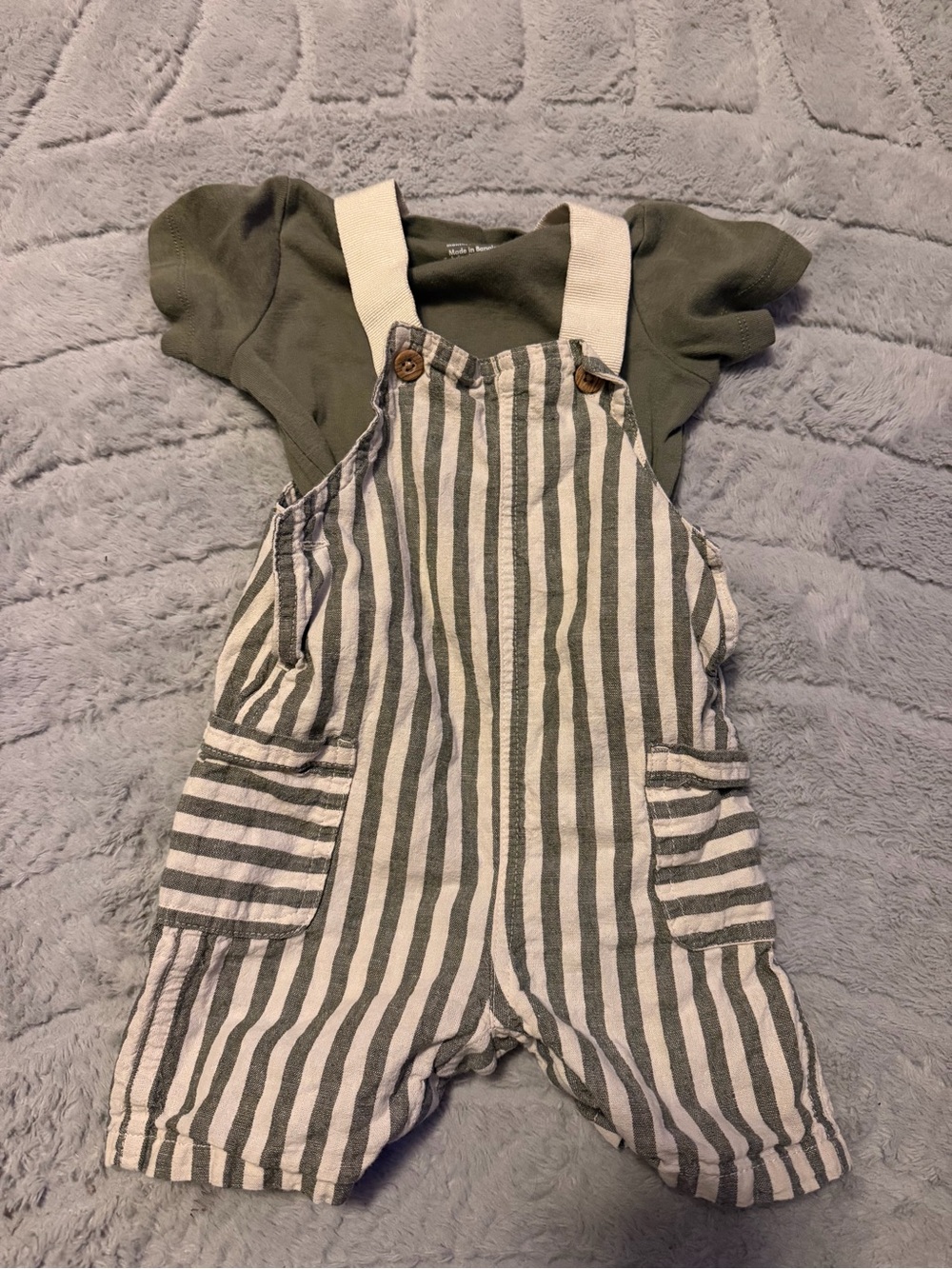 Carter's Olive Green & White Striped Cotton Overalls